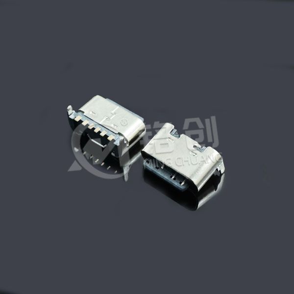 TYPE C母座6PIN 板上后两脚插板SMT L=5.0 短体露舌 不锈钢304