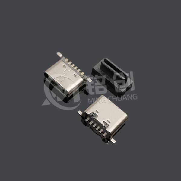 TYPE C母座6PIN 板上后两脚贴板SMT L=6.5 三模 不锈钢 黄铜 LCP
