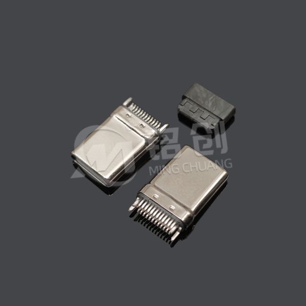 TYPE C公头24PIN 夹板0.8 L=10.8 拉伸 带接地 黑胶 亮镍 长卡勾