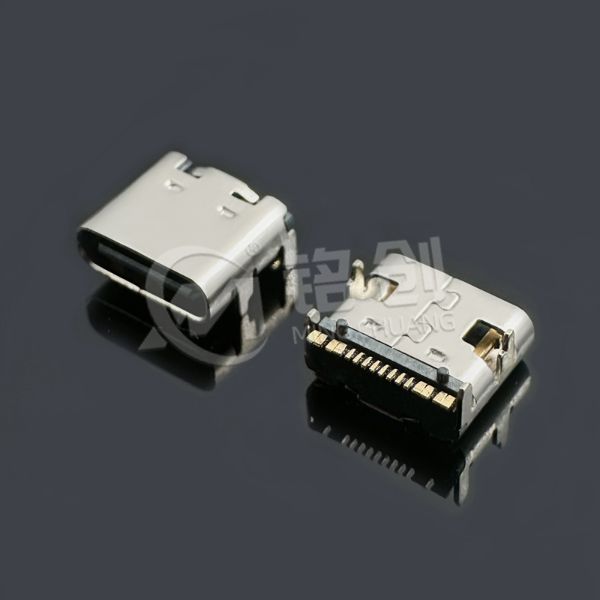 TYPE C母座16PIN 板上四脚插板SMT L=7.35 15A大电流 304 高导铜 LCP 黑胶