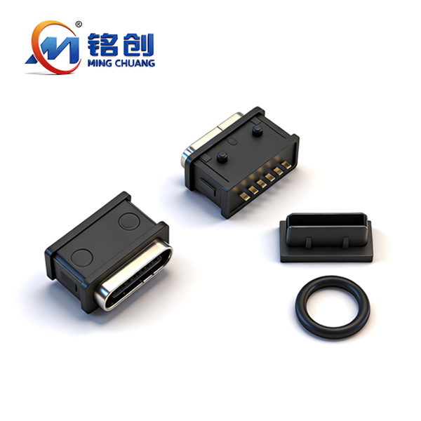 B09W0606A 防水TYPE C母座6PIN 立式插板DIP L=7.3 无外壳脚 全塑