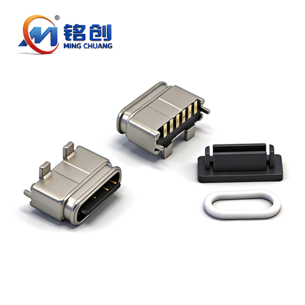 B09W0608A 防水TYPE C母座6PIN 立式四脚插板SMT L=6.4 舌片外露 带贴板脚 锌合金